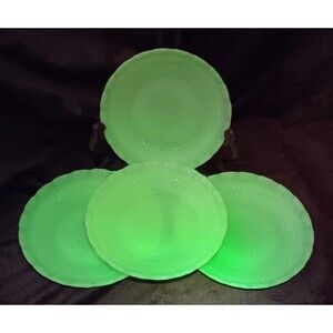 4 Macbeth Evans Uranium Oxford Milkglass Plates 5.75" Vtg/Antique Pre-WWII